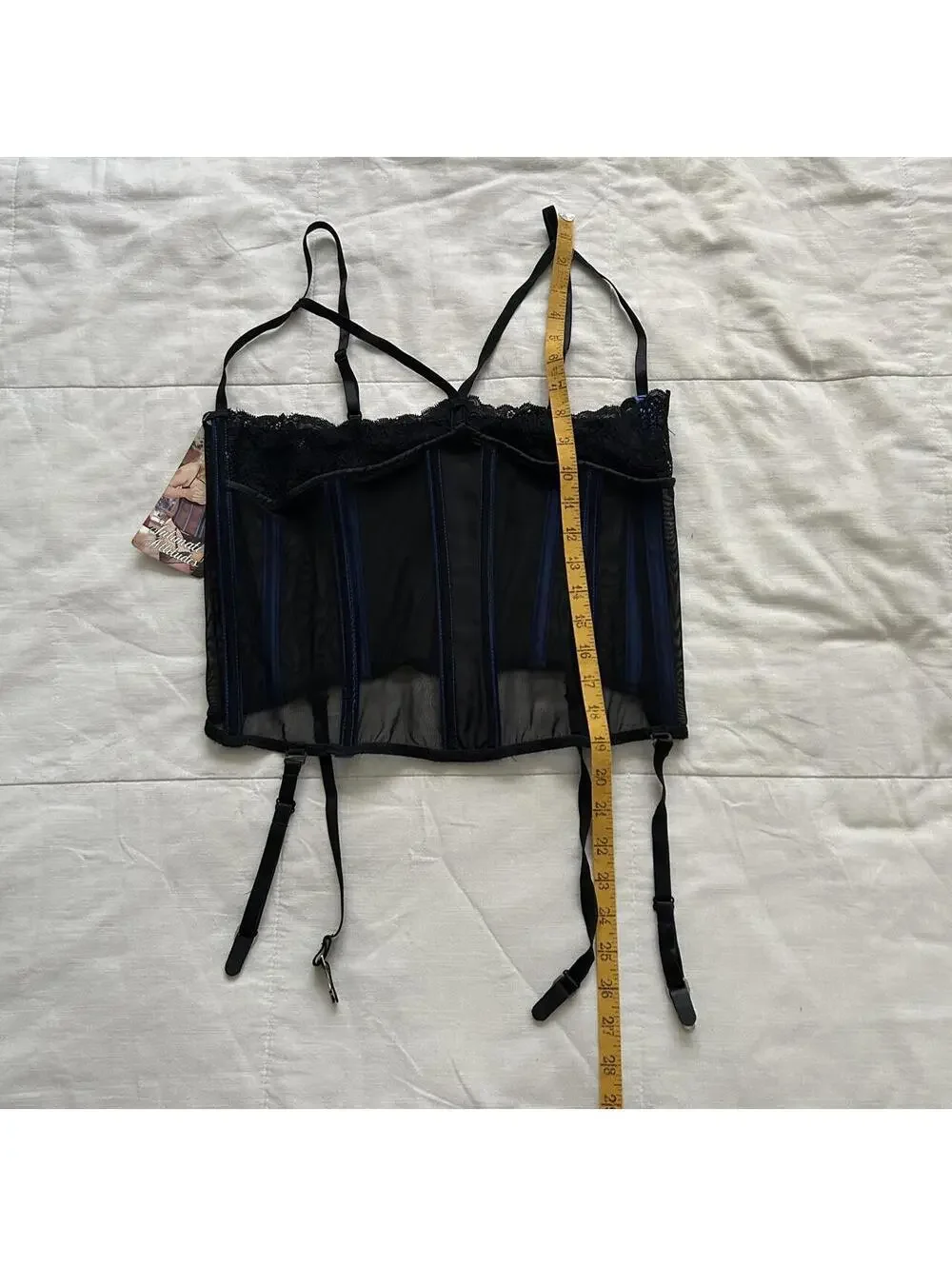 Deadstock NWT Black Mesh Corset Cami Blue Satin Boning Lace Garter Bustier Top